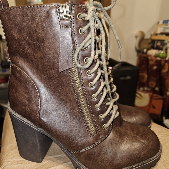 Soda Women Chunky High Heel Combat Army Military Riding Boots Booties Dark Brown - Picture 5 of 8